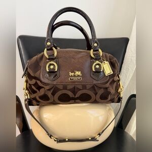 Coach Dark Brown Signature Canvas and Leather Madison Sabrina Satchel